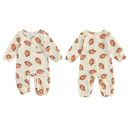 Baby Boy Girl Bodysuit Football Print Long Sleeve Button Pocket Round Neck Fall Romper