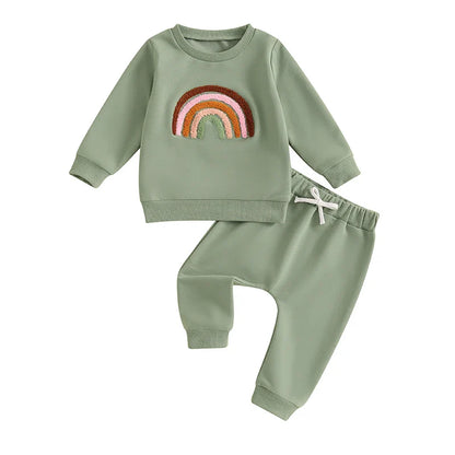 Baby Toddler Girls 2Pcs Outfit Embroidery Rainbow Long Sleeve Crew Neck Top with Elastic Waist Pants Set