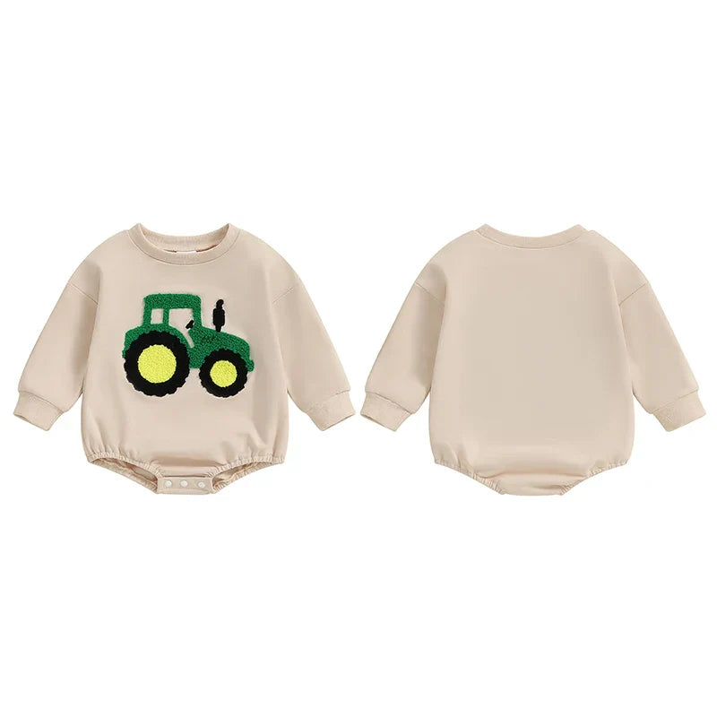 Baby Girls Boys Autumn Romper Long Sleeve Crewneck Tractor Embroidery Casual Playsuit
