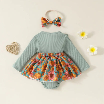 Baby Toddler Girls 2Pcs Fall Outfit Flower Print Ruffle Trim Long Sleeve Romper Dress Skirt Bow Headband Set
