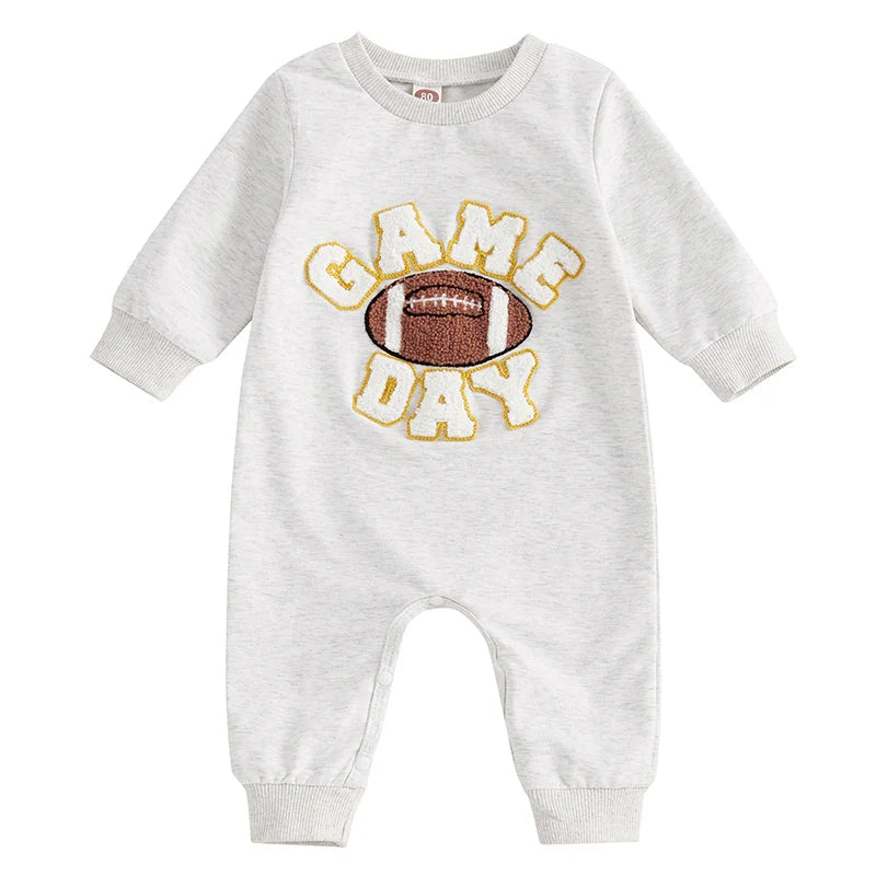Baby Girl Boy Fall Romper GAME DAY Letter Football Embroidery Long Sleeve Full Length Jumpsuit