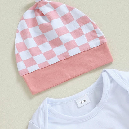 Baby Boys Girls 3Pcs Lil Bro / Sis Fall Outfit Letter Embroidery Long Sleeve Romper Checkered Print Pants Beanie Hat Set