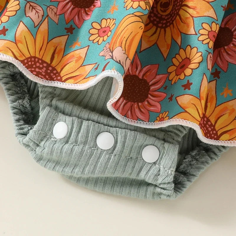 Baby Toddler Girls 2Pcs Fall Outfit Flower Print Ruffle Trim Long Sleeve Romper Dress Skirt Bow Headband Set