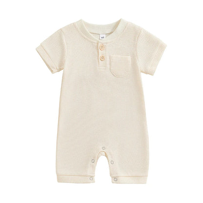 Baby Boy Girl Jumpsuit Summer Short Sleeve Solid Color Waffle Button Romper Playsuit