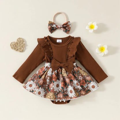 Baby Toddler Girls 2Pcs Fall Outfit Flower Print Ruffle Trim Long Sleeve Romper Dress Skirt Bow Headband Set