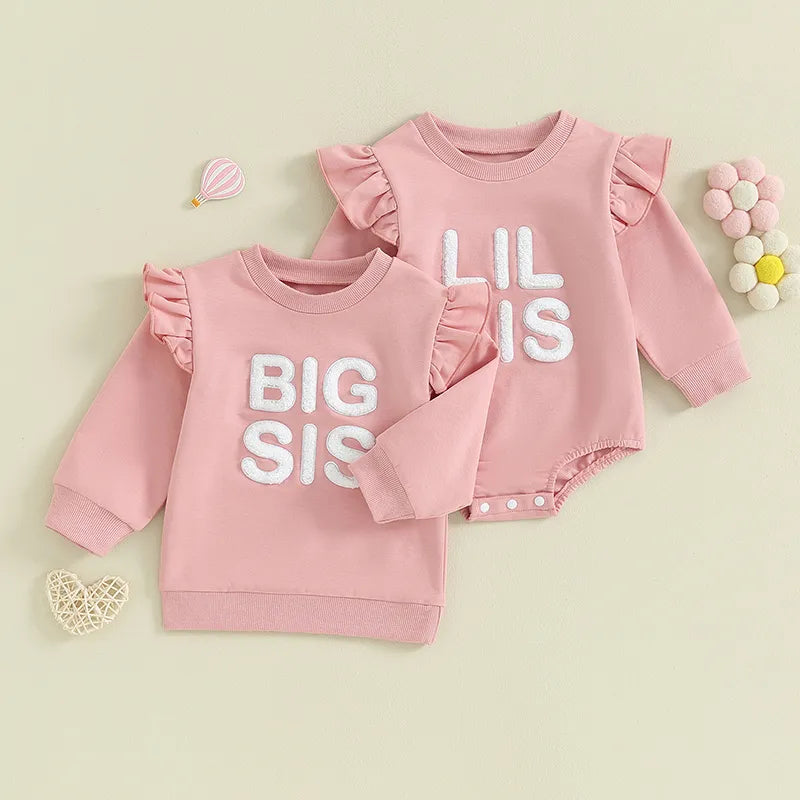 Baby Toddler Kids Girls Sister Matching Big Sis Shirt/Lil Sis Ruffle Sleeve Long Sleeve Romper Crewneck Top