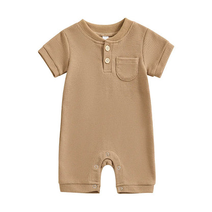 Baby Boy Girl Jumpsuit Summer Short Sleeve Solid Color Waffle Button Romper Playsuit