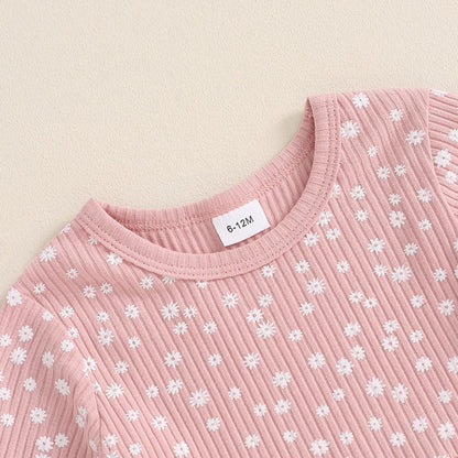 Toddler Kids Girls 2Pcs Fall Outfit Floral Flowers Print Crew Neck Long Sleeve Babygirl Top Elastic Waist Long Pants Set