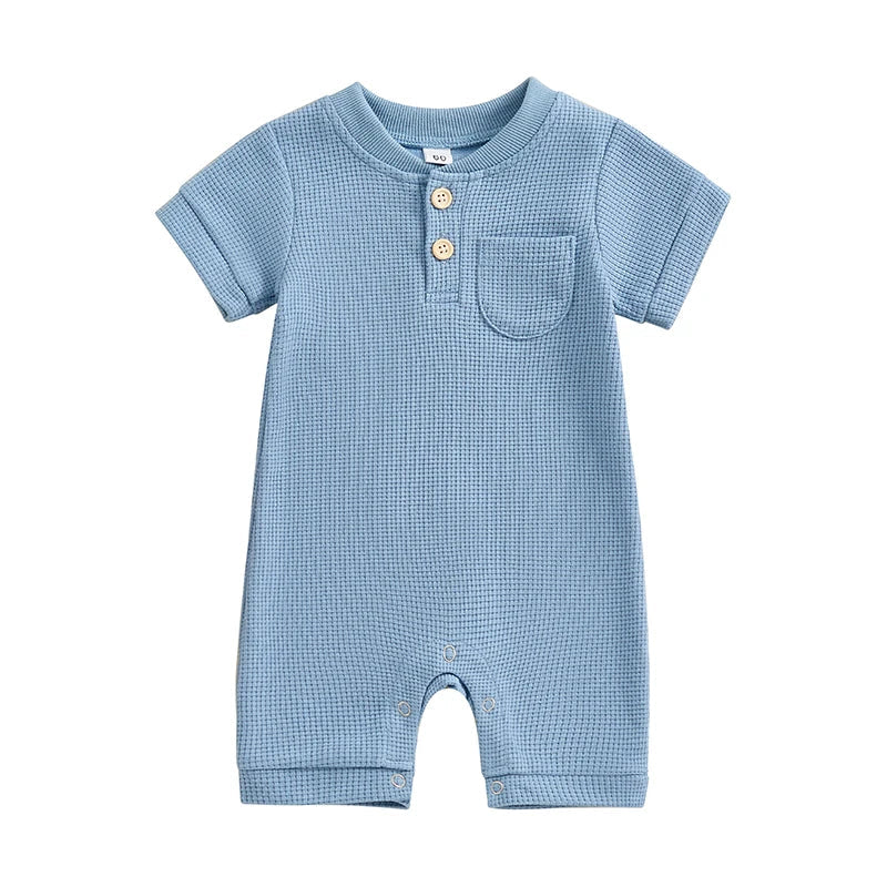 Baby Boy Girl Jumpsuit Summer Short Sleeve Solid Color Waffle Button Romper Playsuit