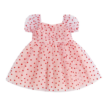 Baby Toddler Girl Valentine’s Day Dress Heart Print Short Puff Sleeve Tulle Princess