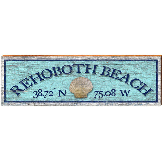 Rehoboth Beach Shell Blue Latitude Longitude | Wall Art Print on Real Wood