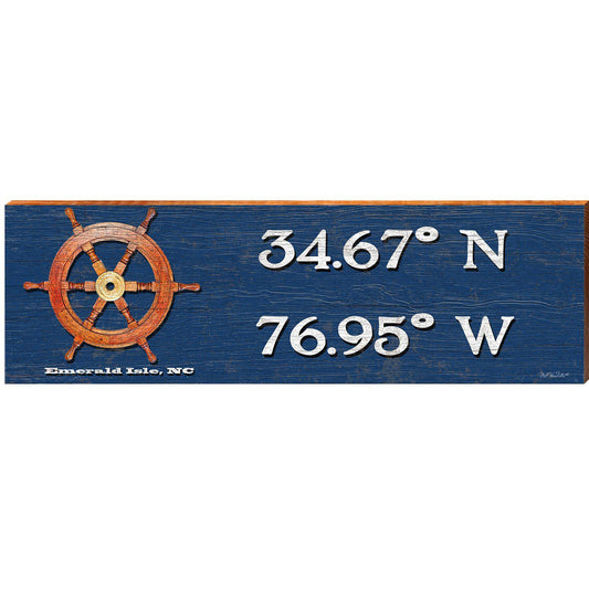 Emerald Isle, NC Boat Wheel Navy Latitude Longitude | Wall Art Print on Real Wood
