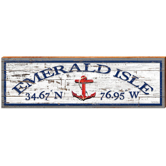 Emerald Isle Anchor Shabby Latitude Longitude | Wall Art Print on Real Wood