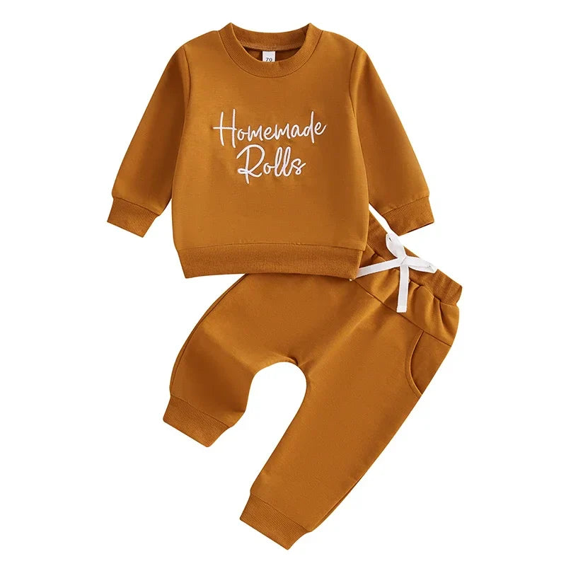 Baby Toddler Girl Boy 2Pcs Homemade Rolls Fall Thanksgiving Outfit Letter Embroidery Long Sleeve Top with Solid Pants Jogger Set