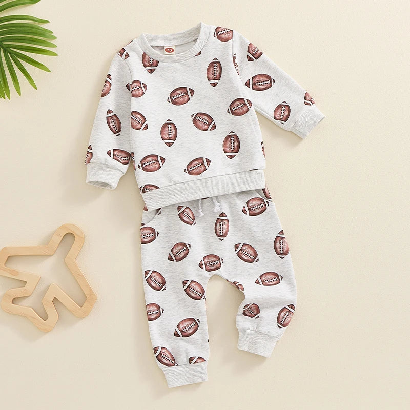 Baby Toddler Boys Girls 2Pcs Football Print Long Sleeve Round Neck Top Drawstring Pockets Pants Set