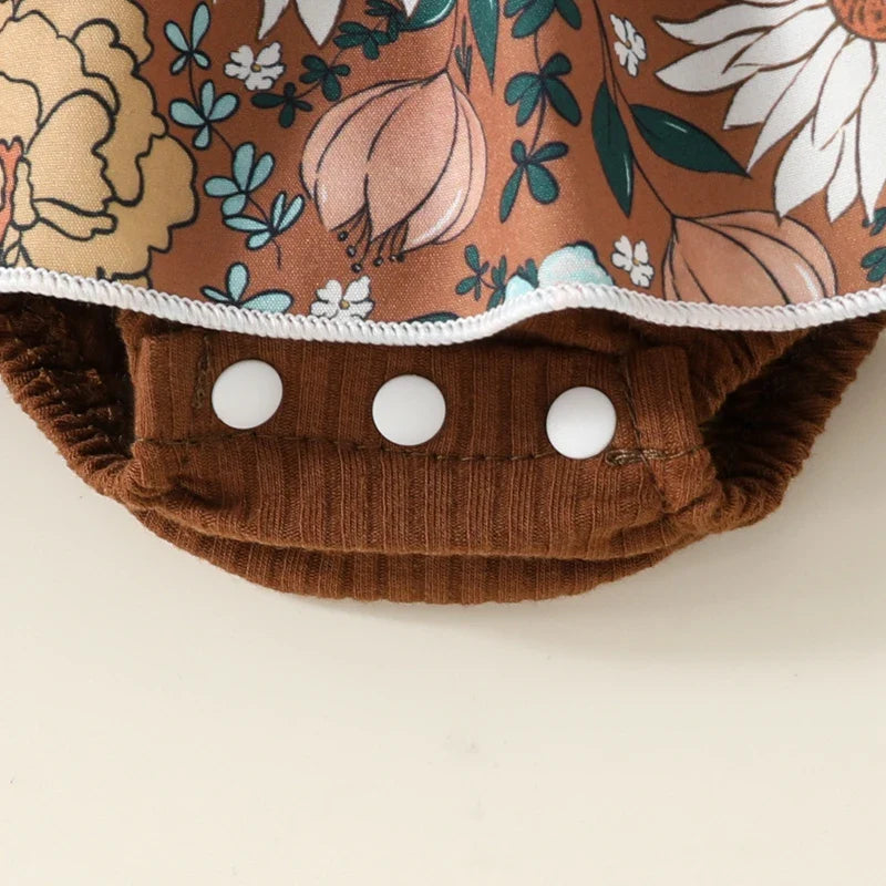 Baby Toddler Girls 2Pcs Fall Outfit Flower Print Ruffle Trim Long Sleeve Romper Dress Skirt Bow Headband Set