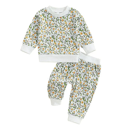 Baby Toddler Girls 2Pcs Outfit Floral Flowers Long Sleeve Crew Neck Top with Elastic Waist Pants Set