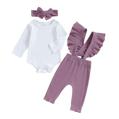 Baby Girls 3Pcs Ribbed Long Sleeve Romper with Ruffle Trim Overalls Pants Headband Set for Fall