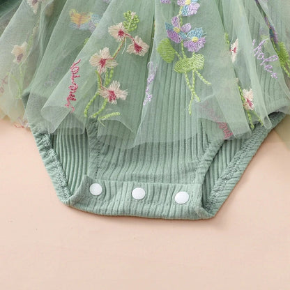 Baby Toddler Girls 2Pcs Outfit Floral Mesh Ruffles Long Sleeve Romper Dress Skirt Tutu and Headband Set