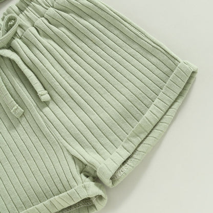 Baby Toddler Girls 2Pcs Summer Outfit Solid Button Tank Top and Ribbed Drawstring Shorts