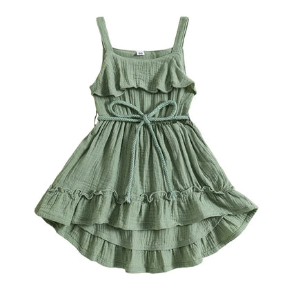 Baby Toddler Girls Summer Dress Casual Sleeveless Tank Square Neck Tie Belt A-Line Dress