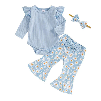 Baby Girl 3Pcs Fall Outfit Long Sleeve Ribbed Romper Daisy Flower Flare Pants Bow Headband Set