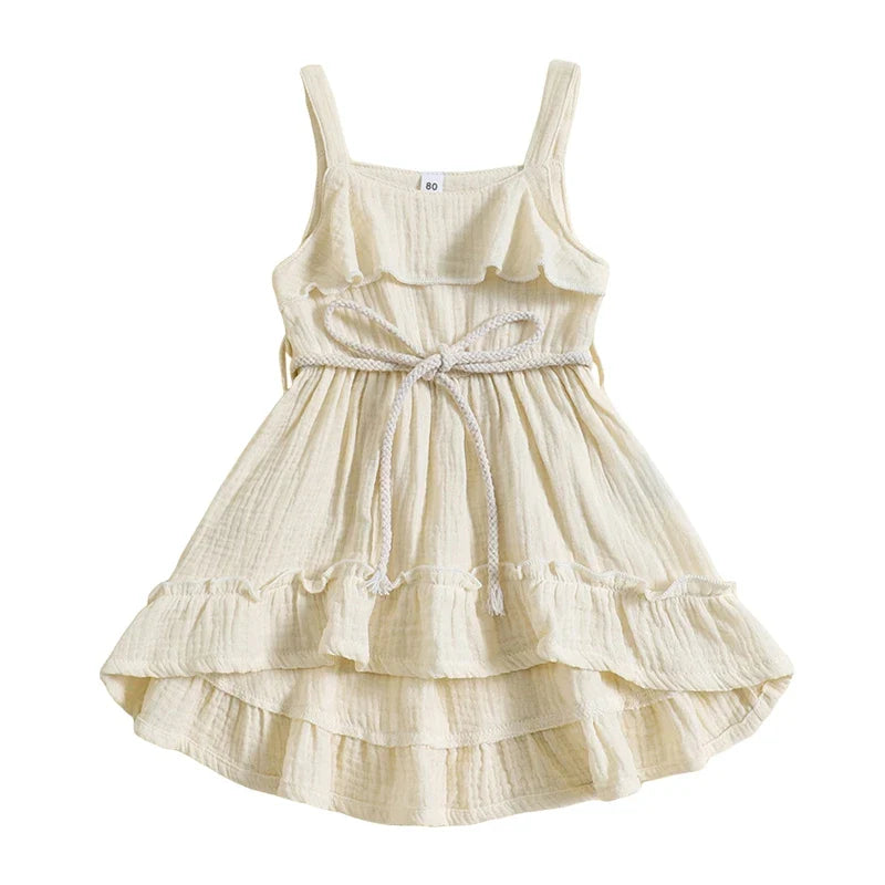 Baby Toddler Girls Summer Dress Casual Sleeveless Tank Square Neck Tie Belt A-Line Dress