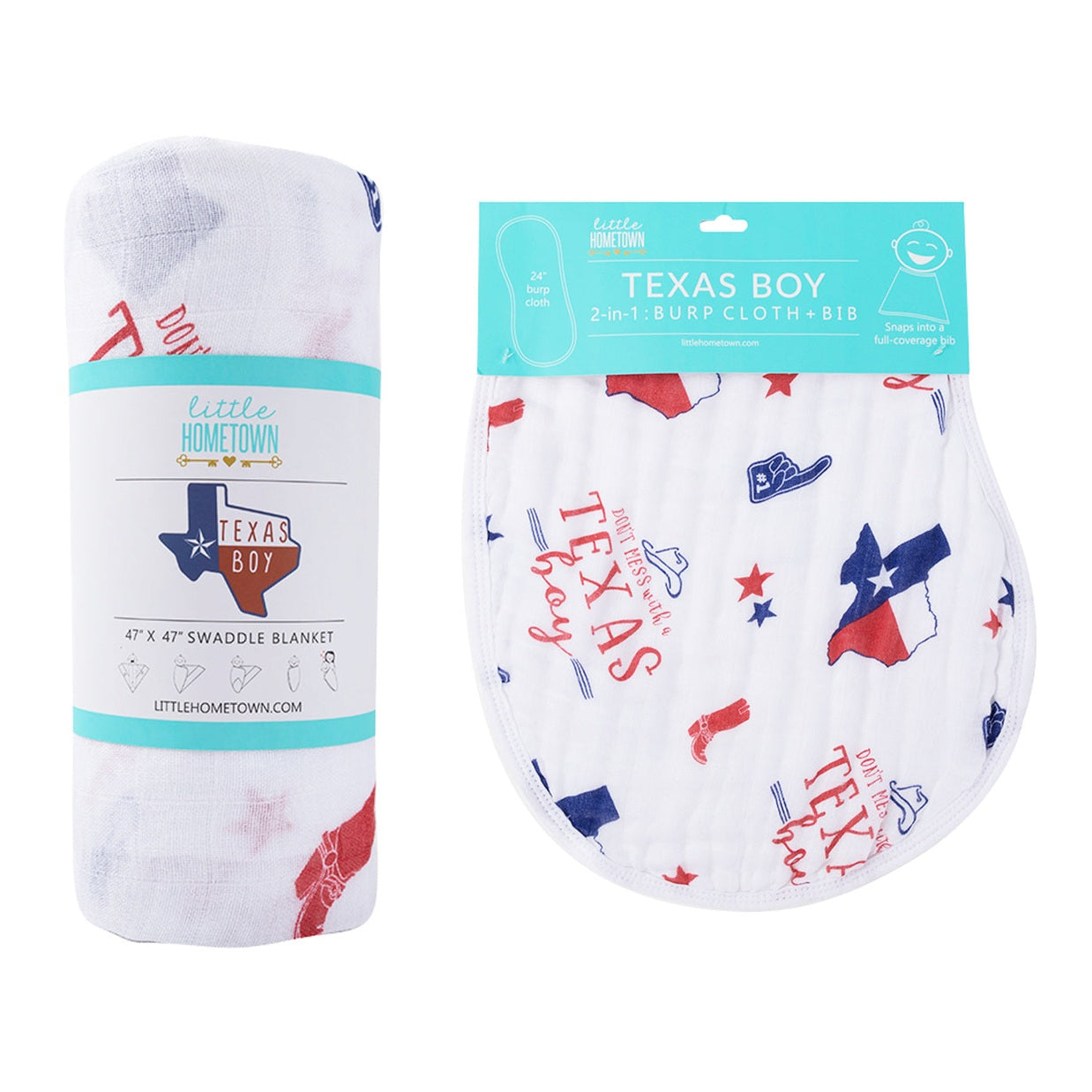 Gift Set: Texas Baby Boy Muslin Swaddle Blanket and Burp Cloth/Bib Combo Baby Shower Essential for Newborn