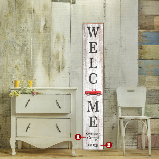 Personalized Red Truck Welcome Wooden Sign | Wall Art Print on Real Wood | Customizable Rustic Artwork Porch Leaner Decor