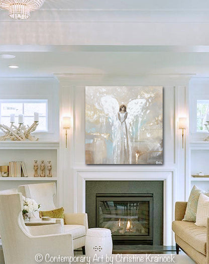 GICLEE PRINT Art Angel Painting Fine Art Guardian Angel Grey White Cream Beige Home Wall Decor