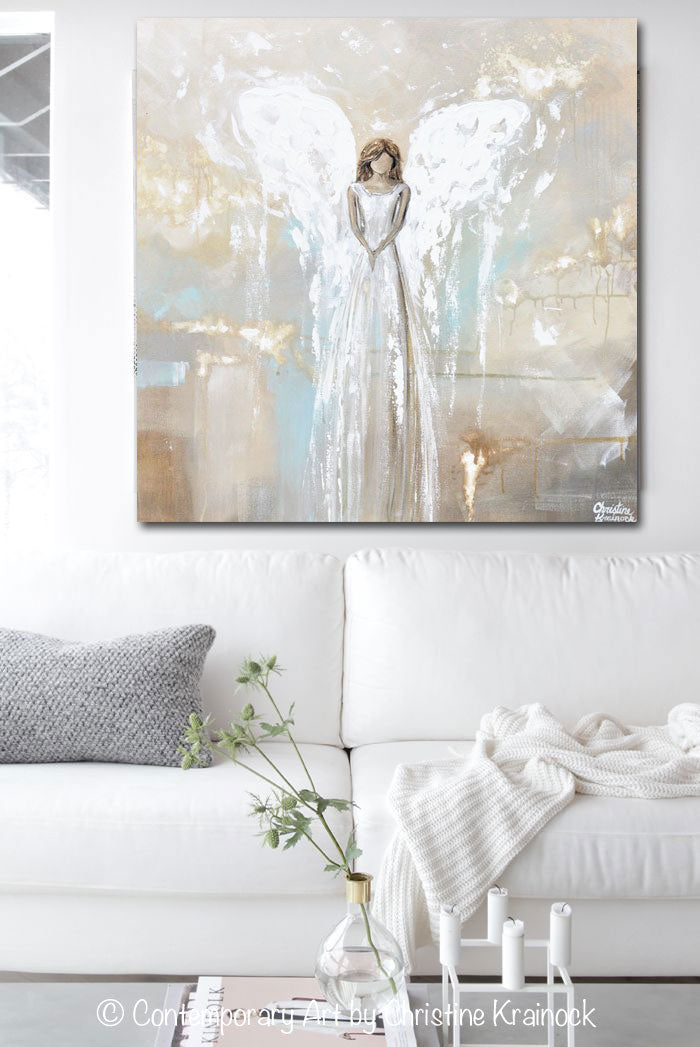 GICLEE PRINT Art Angel Painting Fine Art Guardian Angel Grey White Cream Beige Home Wall Decor