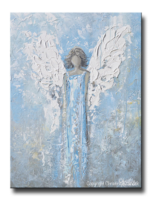GICLEE PRINT Abstract Angel Painting Art Light Blue White Guardian Angel Palette Knife Fine Art Spiritual Wall Art