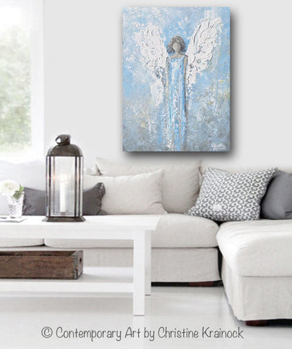 GICLEE PRINT Abstract Angel Painting Art Light Blue White Guardian Angel Palette Knife Fine Art Spiritual Wall Art