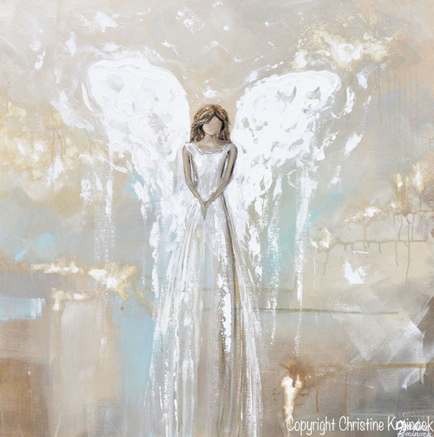 GICLEE PRINT Art Angel Painting Fine Art Guardian Angel Grey White Cream Beige Home Wall Decor