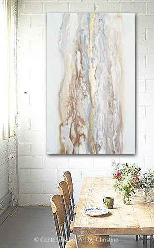 "Ingrained in My Soul" GICLÉE PRINT Art Abstract Painting Neutral White Beige Gold Leaf Marbled Coastal Landscape