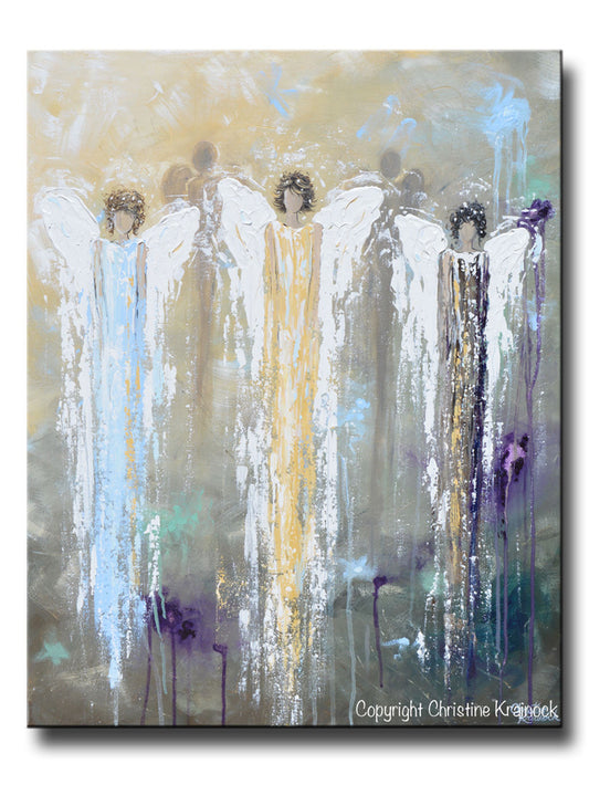 GICLEE PRINT Abstract Angel Painting 3 Guardian Angels Blue Gold Inspirational Spiritual Wall Art