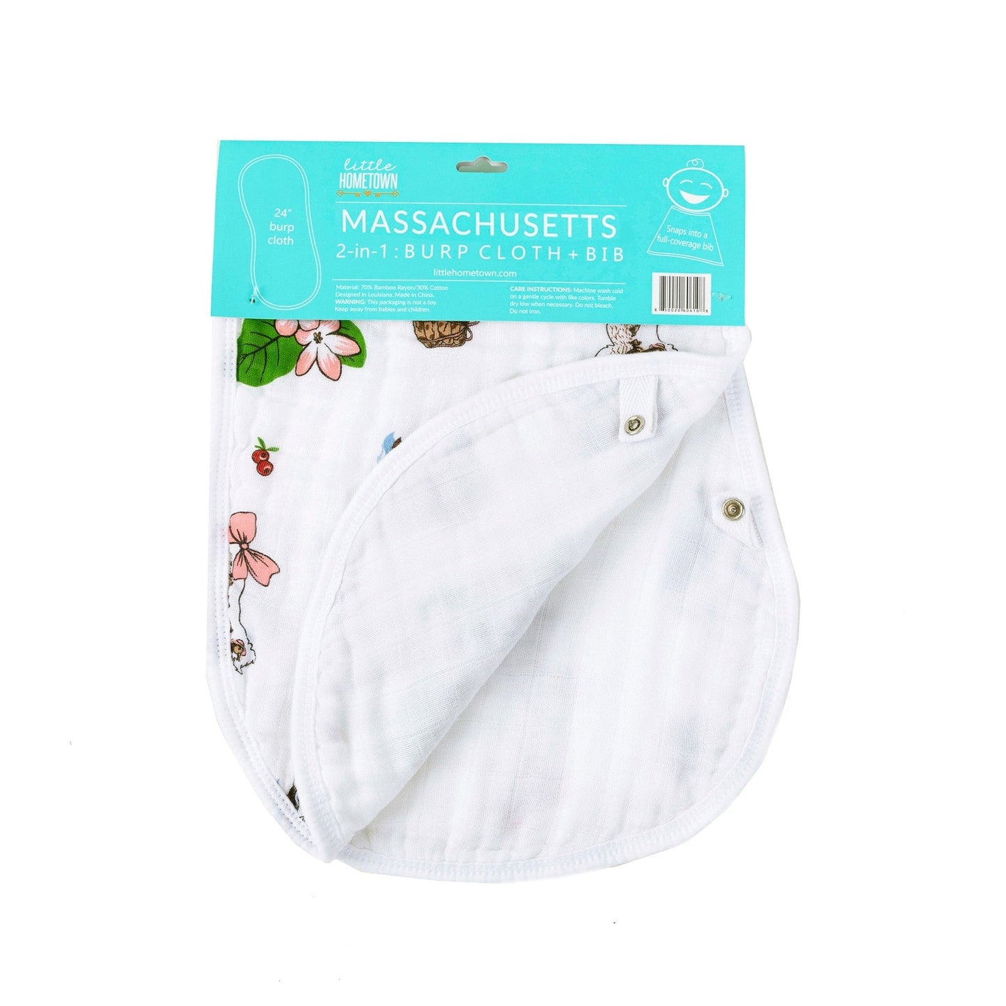 Gift Set: Massachusetts Floral Baby Muslin Swaddle Blanket and Burp Cloth/Bib Combo Baby Shower Essential for Newborn