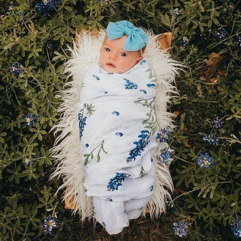 Gift Set: Bluebonnets Baby Muslin Swaddle Blanket and Burp Cloth/Bib Combo Soft Breathable Bamboo Cotton