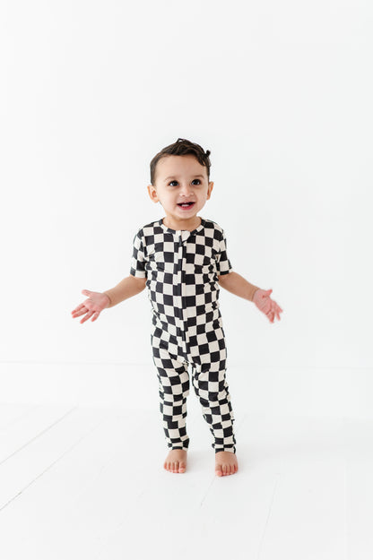 BAMBOO - BLACK CHECKERED SHORT SLEEVE ONESIE