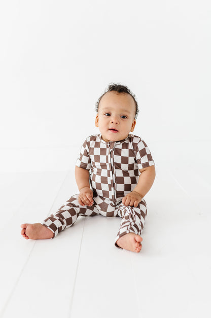 BAMBOO - BRONZE CHECKERED SHORT SLEEVE ONESIE