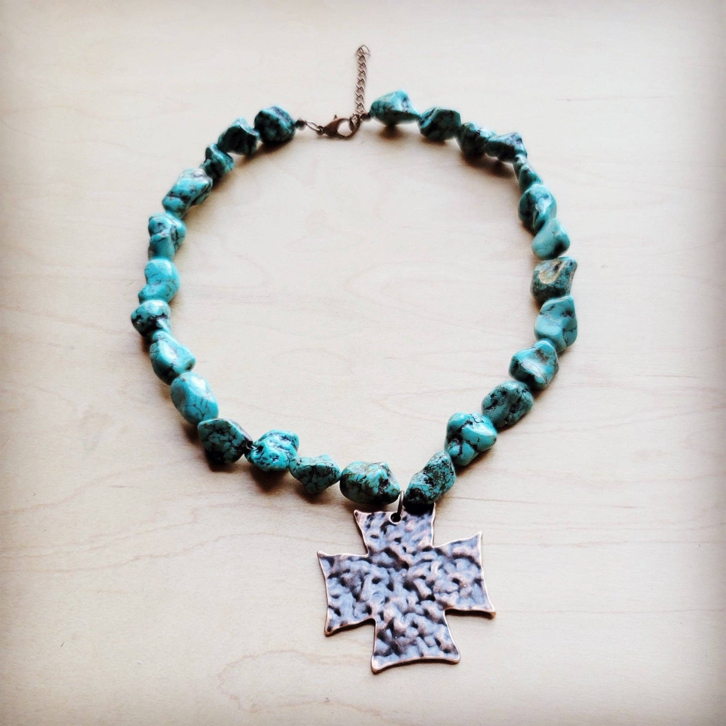 Chunky Blue Green Turquoise Collar Necklace w/ Cross Pendant