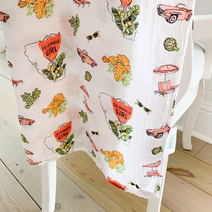Gift Set: California Girl Muslin Swaddle Blanket and Burp Cloth/Bib Combo Newborn Essentials for Feeding and Comfort