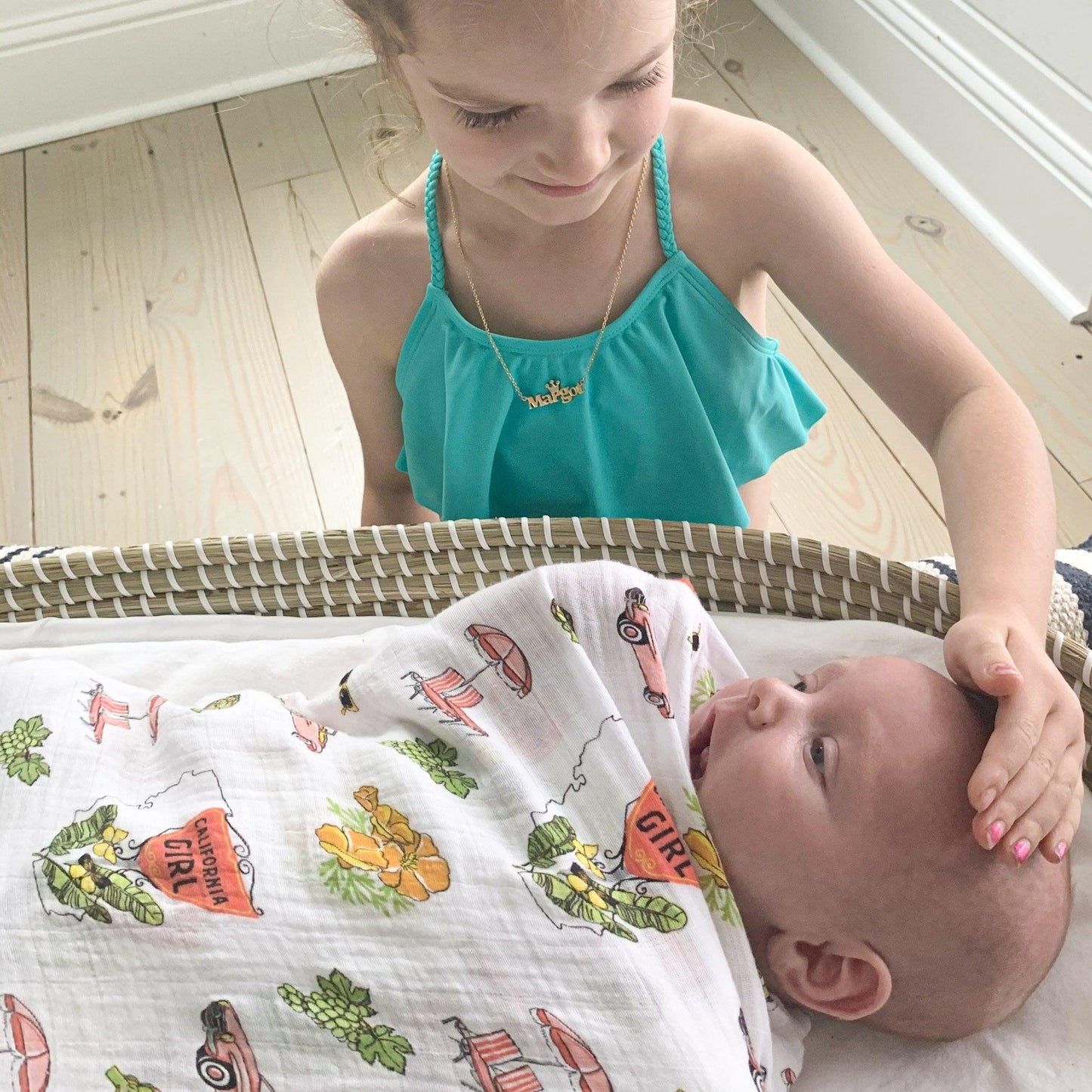 Gift Set: California Girl Muslin Swaddle Blanket and Burp Cloth/Bib Combo Newborn Essentials for Feeding and Comfort