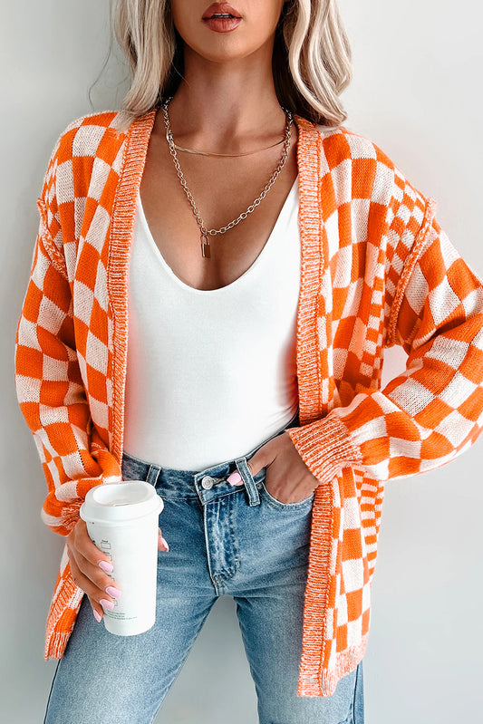 Orange Checkered Open Front Drop Shoulder Cardigan