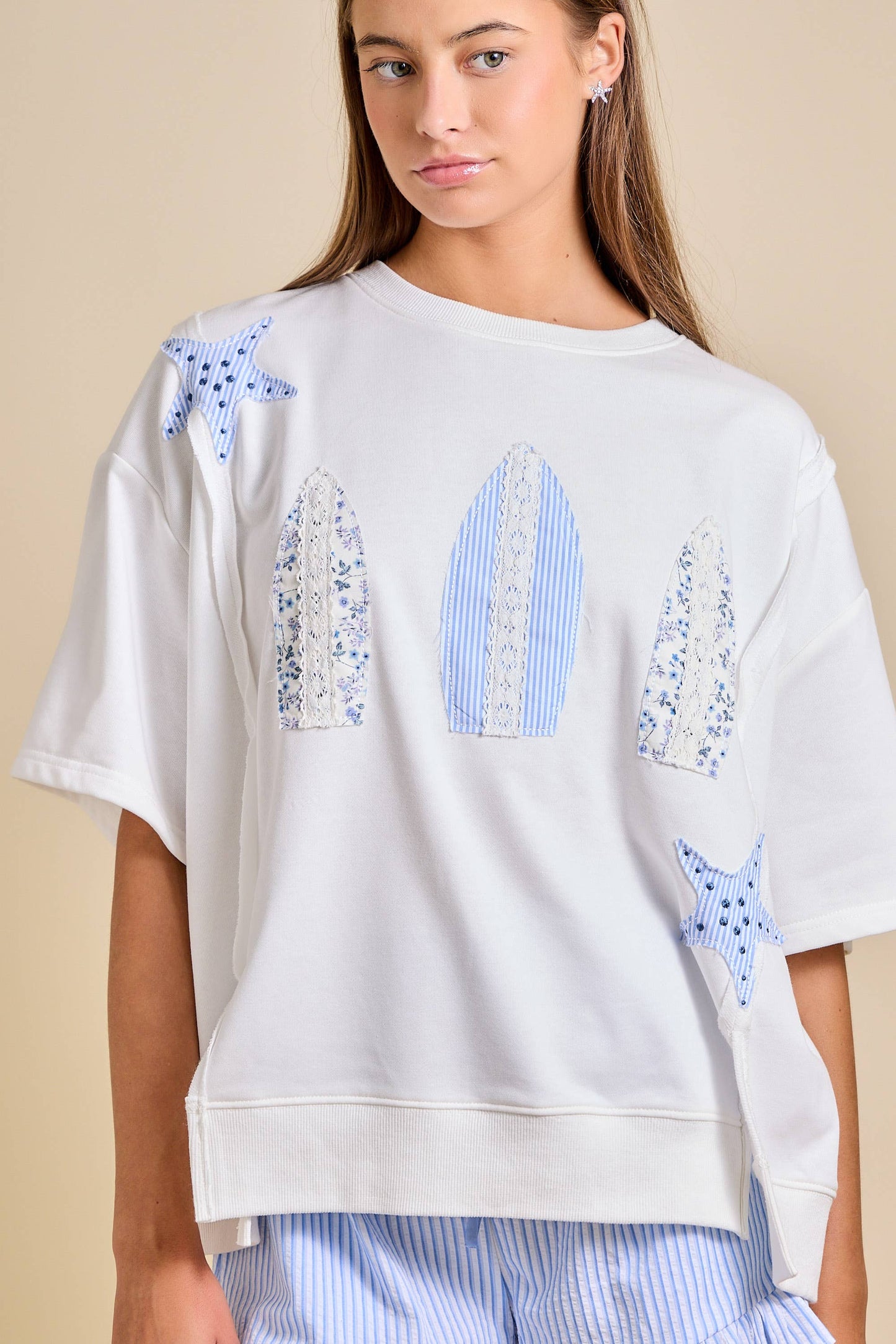 Ladies Surfboard Patchwork Tee – Coastal Summer Top