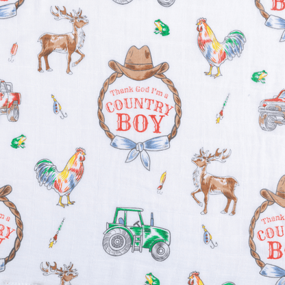 Country Boy Baby Giftset:  Baby Swaddle Blanket and Burp/Bib Combo Hospital Coming Home Essential