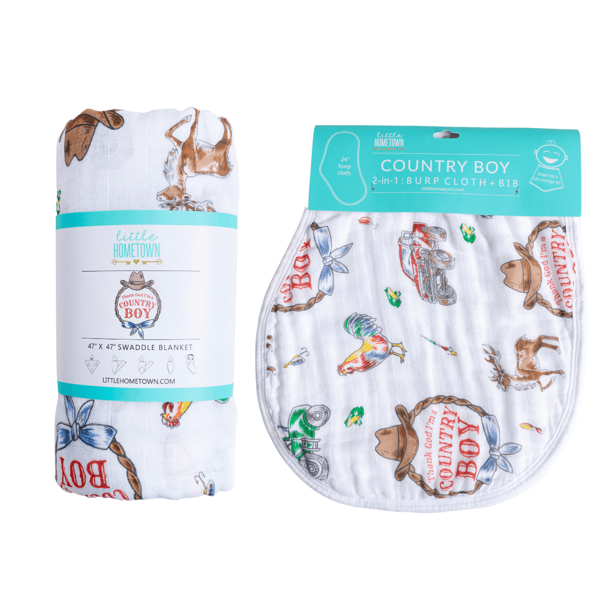 Country Boy Baby Giftset:  Baby Swaddle Blanket and Burp/Bib Combo Hospital Coming Home Essential