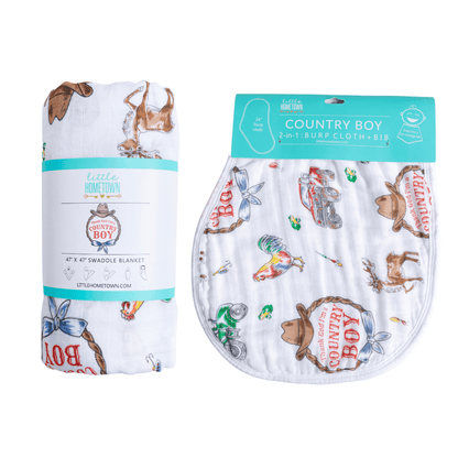 Country Boy Baby Giftset:  Baby Swaddle Blanket and Burp/Bib Combo Hospital Coming Home Essential