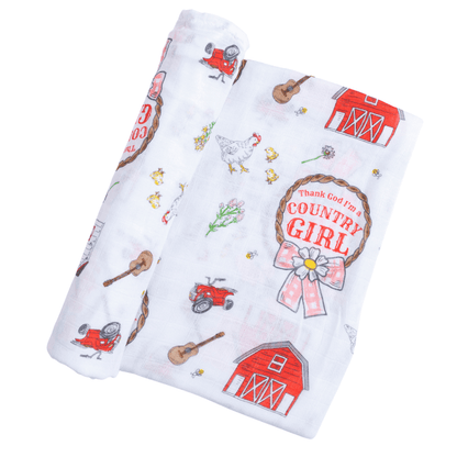 Country Girl Baby Giftset:  Baby Swaddle Blanket and Burp/Bib Combo Newborn Essentials for Feeding and Comfort