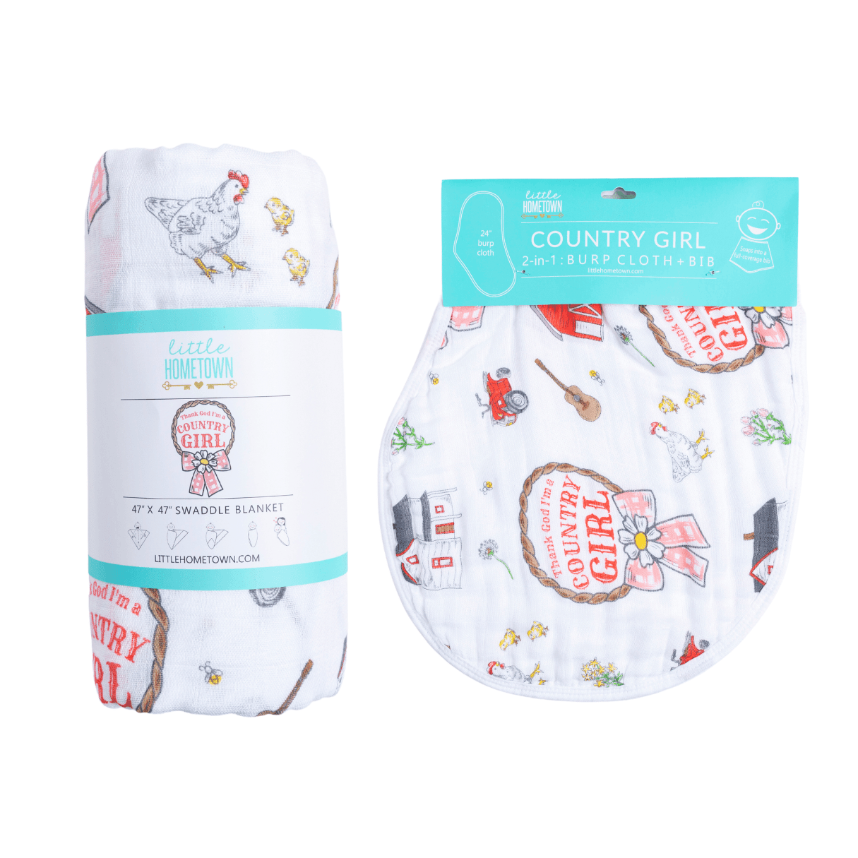 Country Girl Baby Giftset:  Baby Swaddle Blanket and Burp/Bib Combo Newborn Essentials for Feeding and Comfort